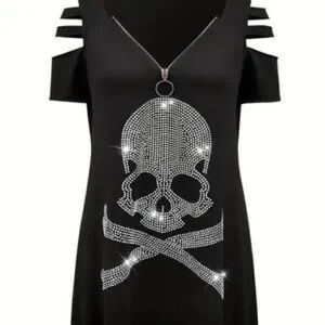 SHEIN Black Rhinestone Skull Cold Shoulder Tee